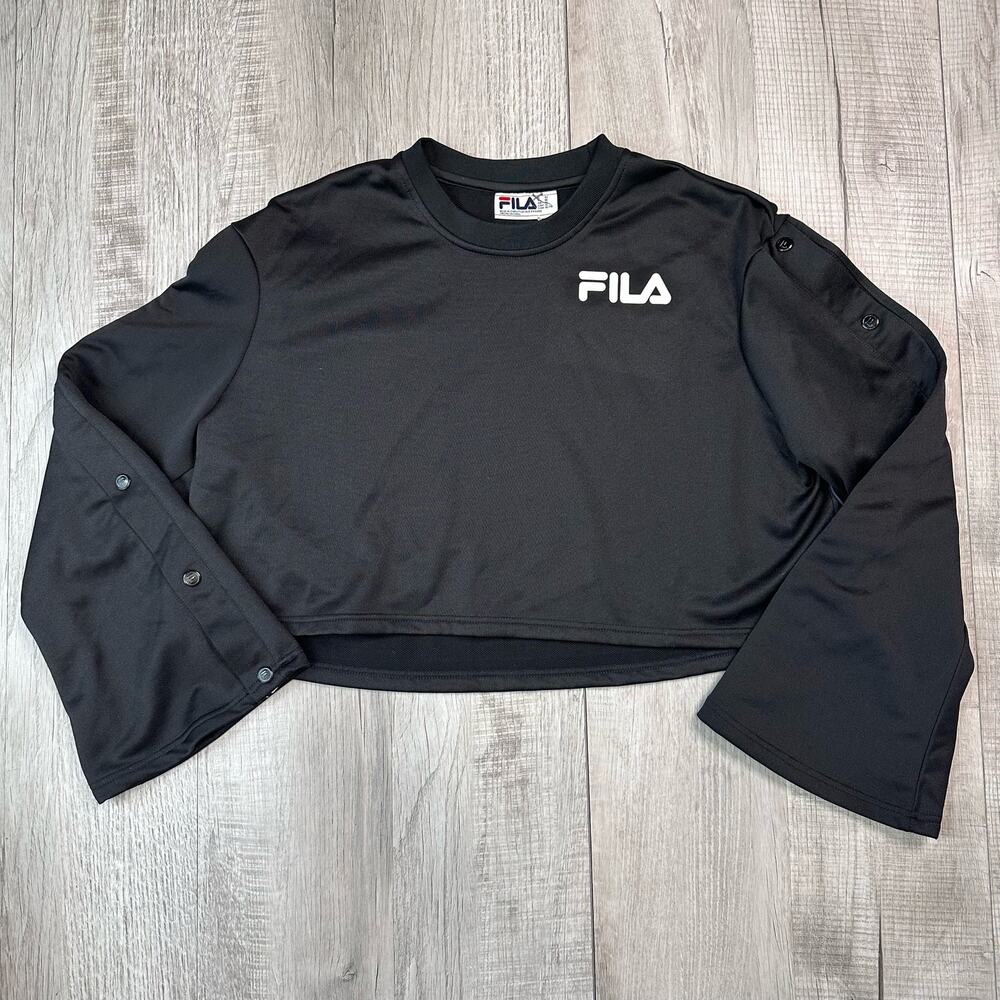 Fila Crop Top Black Sweatshirt Track Suit Top, Button Bell Long Sleeve WMNS XL